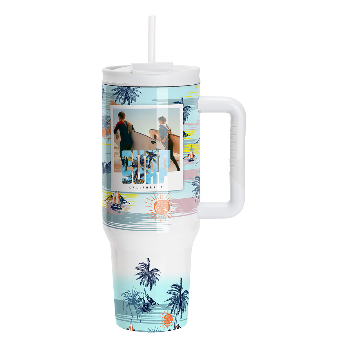 Sublimation Thermobecher mit Deckel, Griff, Trinkhalm & Flipdeckel 1200ml, weiß