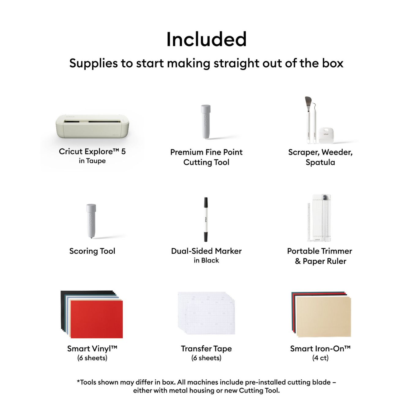 Cricut Explore™ 5 + Essential-Bundle – Starterset mit Zubehör & Materialien